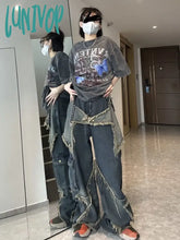 Lunivop Y2K Vintage Women Denim Jeans Korean Streetwear Oversize Star Aesthetic Straight Trousers